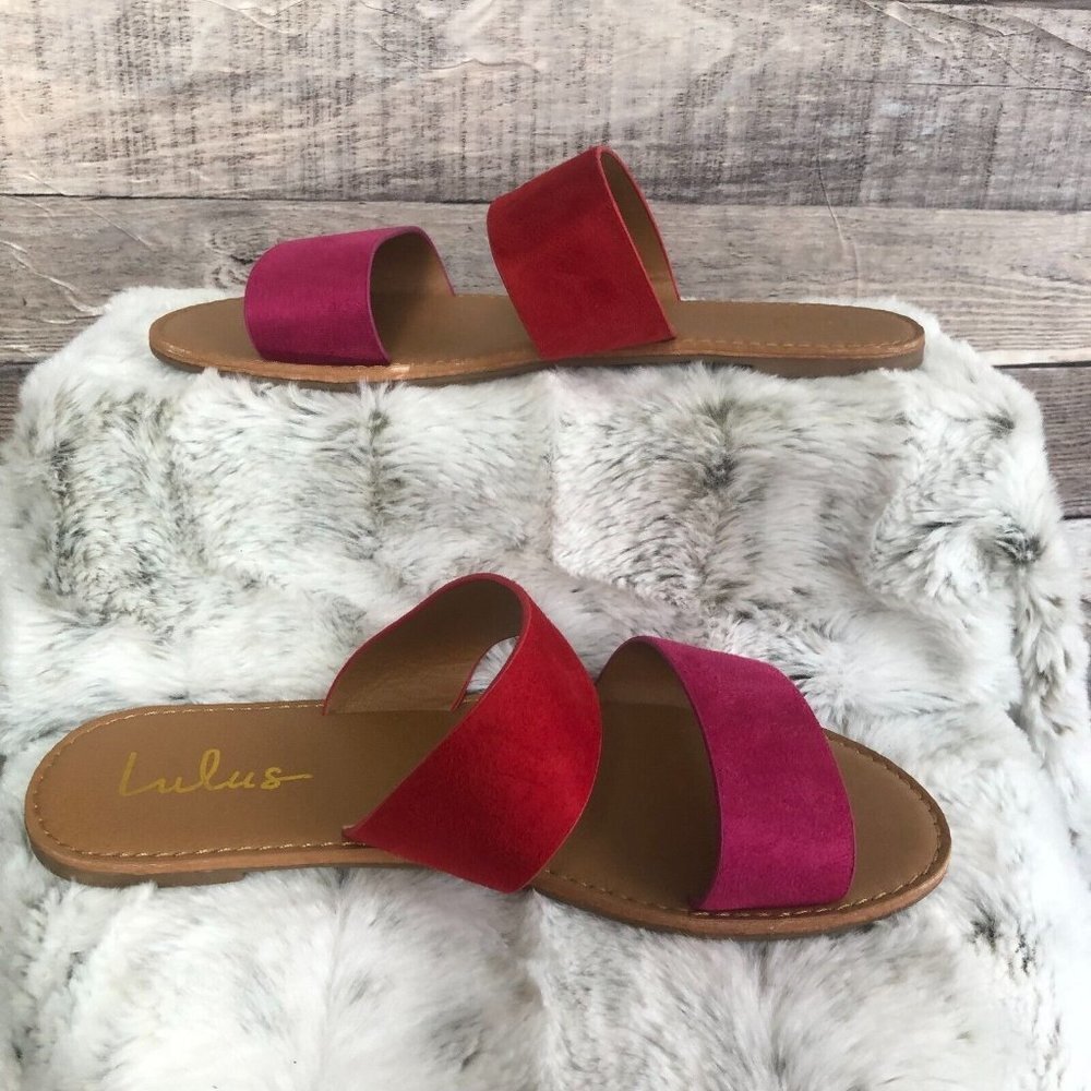 Lulus Red/Pink Women's Vegan Suede Slide Sandals Size 7.5